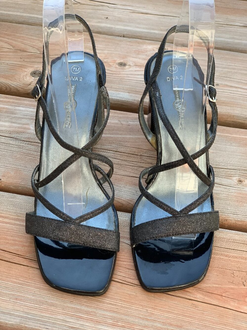 Vintage Strappy Square Toe Sandals 7 Black Glitter Block Heel Open Toe Pump Shoe